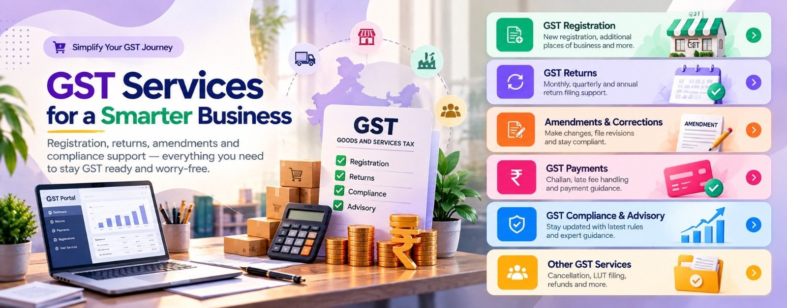 GST Services – Registration, returns, amendments and compliance support — everything you need to stay GST ready.