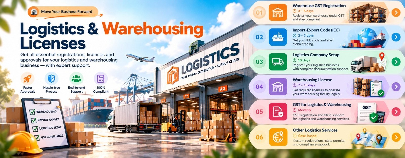 Logistics & Warehousing Licenses – Get all essential registrations, licenses and approvals for your logistics and warehousing business — with expert support.